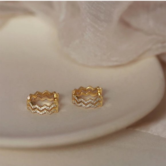 *Gold/Sterling Silver Diamond Wave Hoop Earrings - Picture 9 of 11